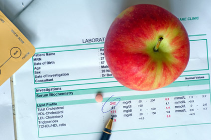 Photo of lab results and apple
